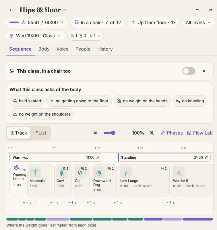 The class editor in Vinyala: what the class asks of the body, and the class track by blocks with the time of each pose