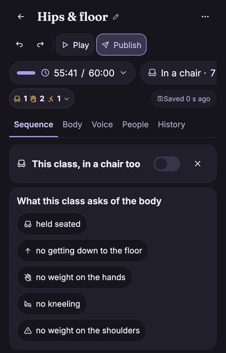 The class editor in Vinyala on a phone: the class, its time, and what it asks of the body
