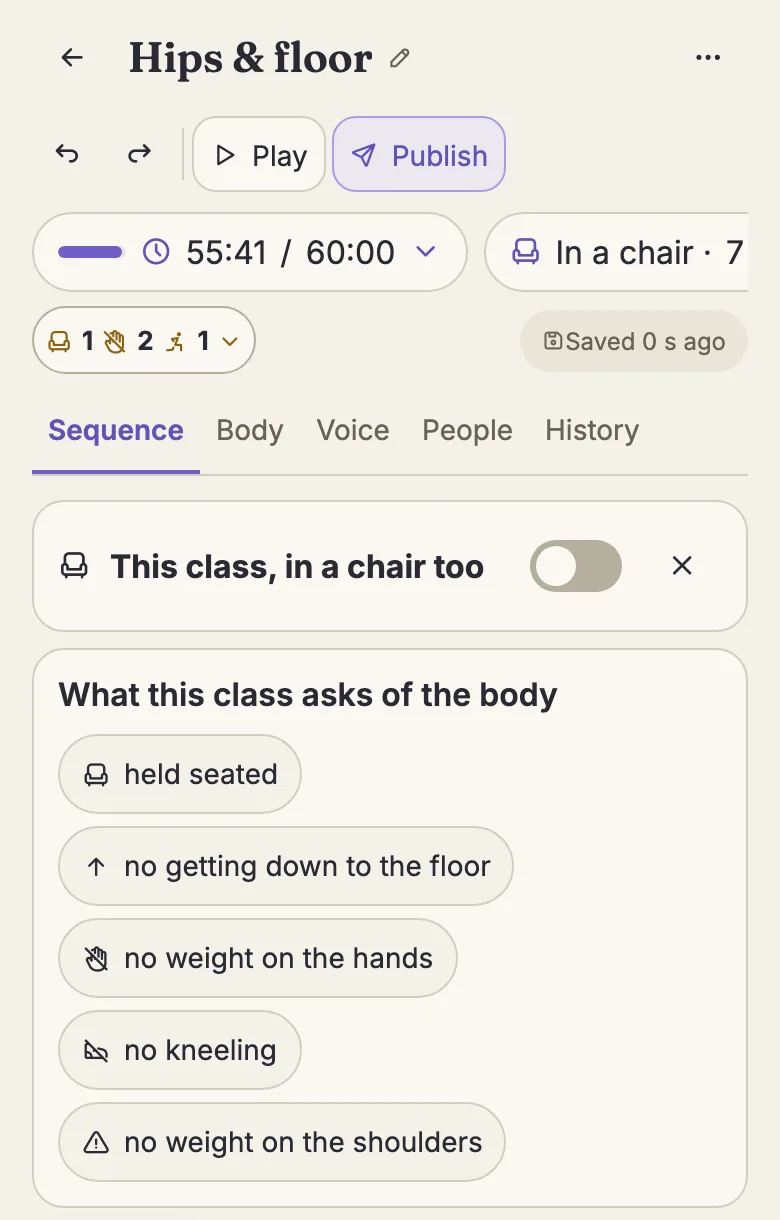 The class editor in Vinyala on a phone: the class, its time, and what it asks of the body