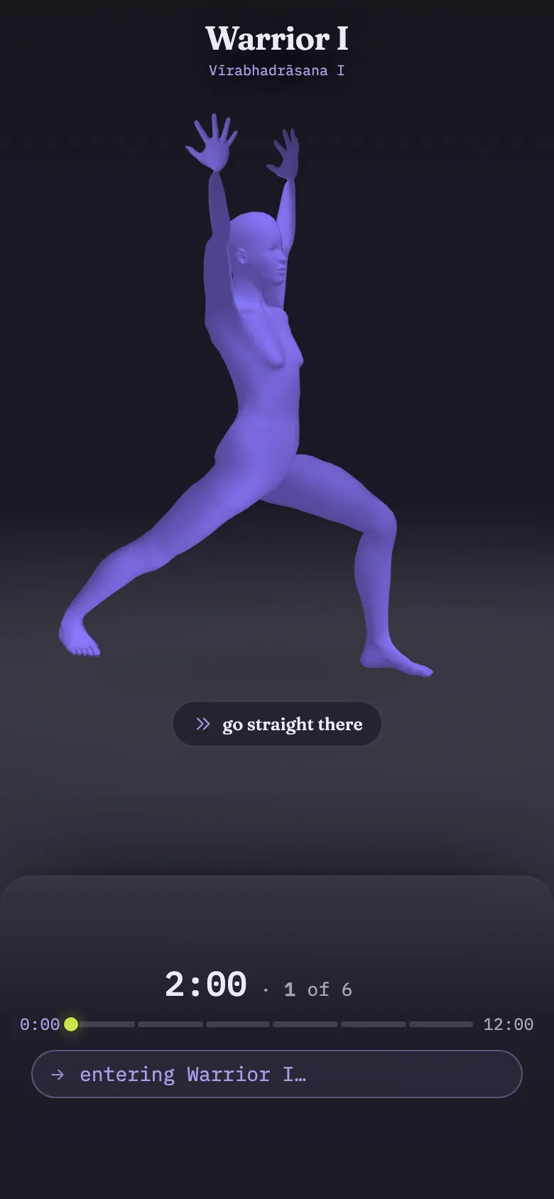 The Vinyala player on a phone: the 3D body in Warrior I, pose 1 of 6, two minutes on the timer