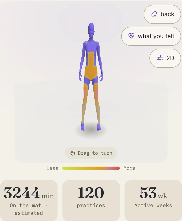 Your body in Vinyala: the 3D body with the zones your practice visited, from most to least, with your minutes on the mat, practices and active weeks