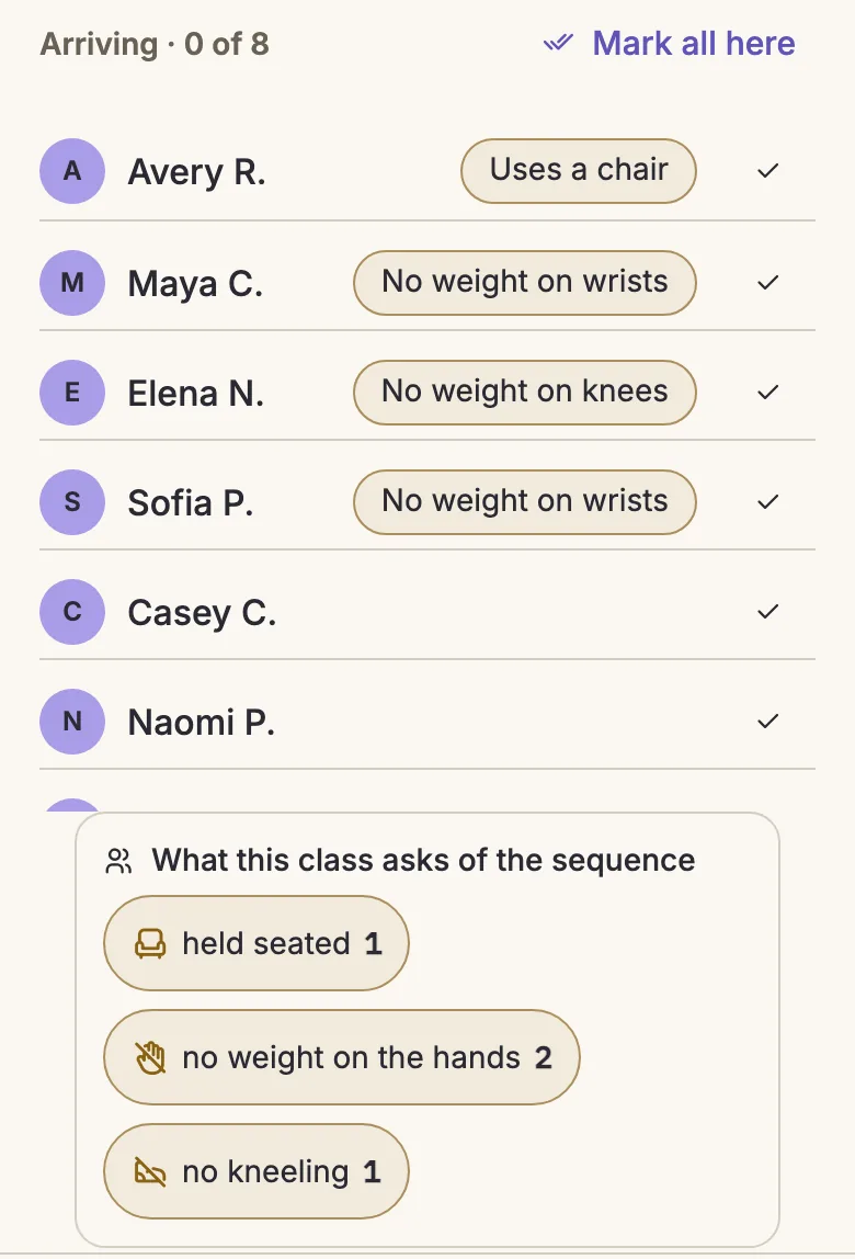 A session in Vinyala: the students arriving with their adaptations, such as uses a chair or no weight on wrists, and what the class asks: held seated, no weight on the hands, no kneeling