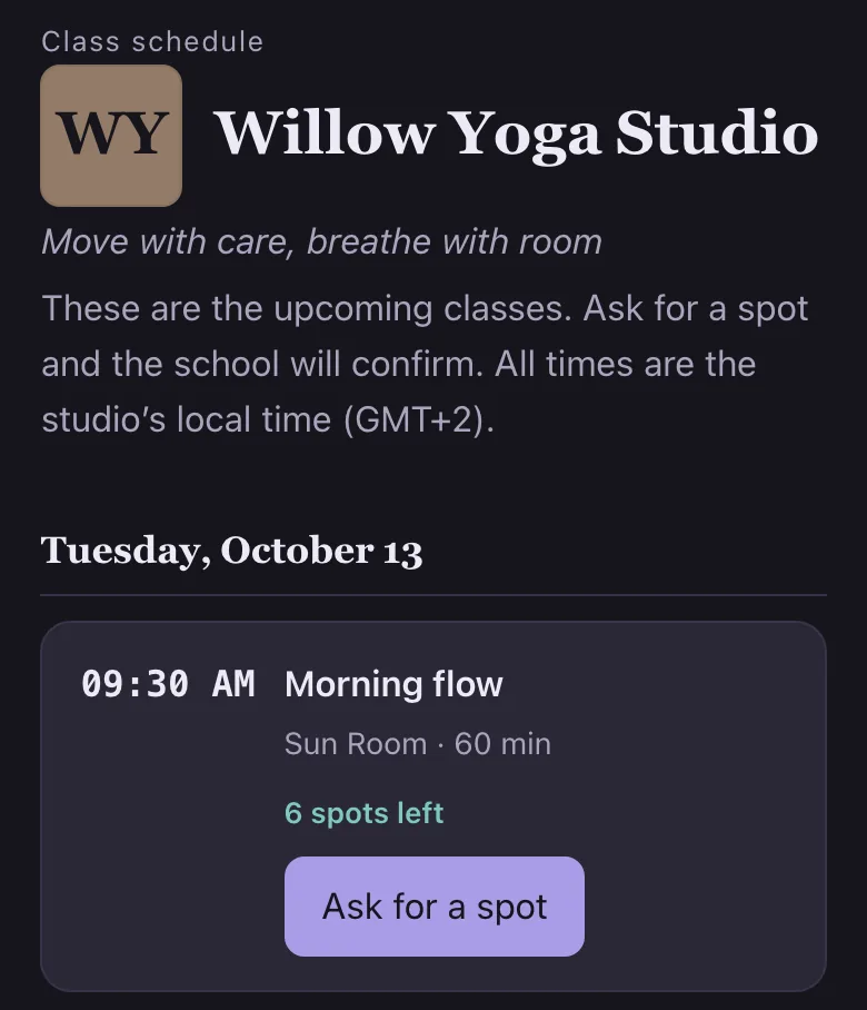 A school's public schedule in Vinyala: Morning flow at 9:30 AM in the Sun Room, 60 minutes, 6 spots left, Book your spot