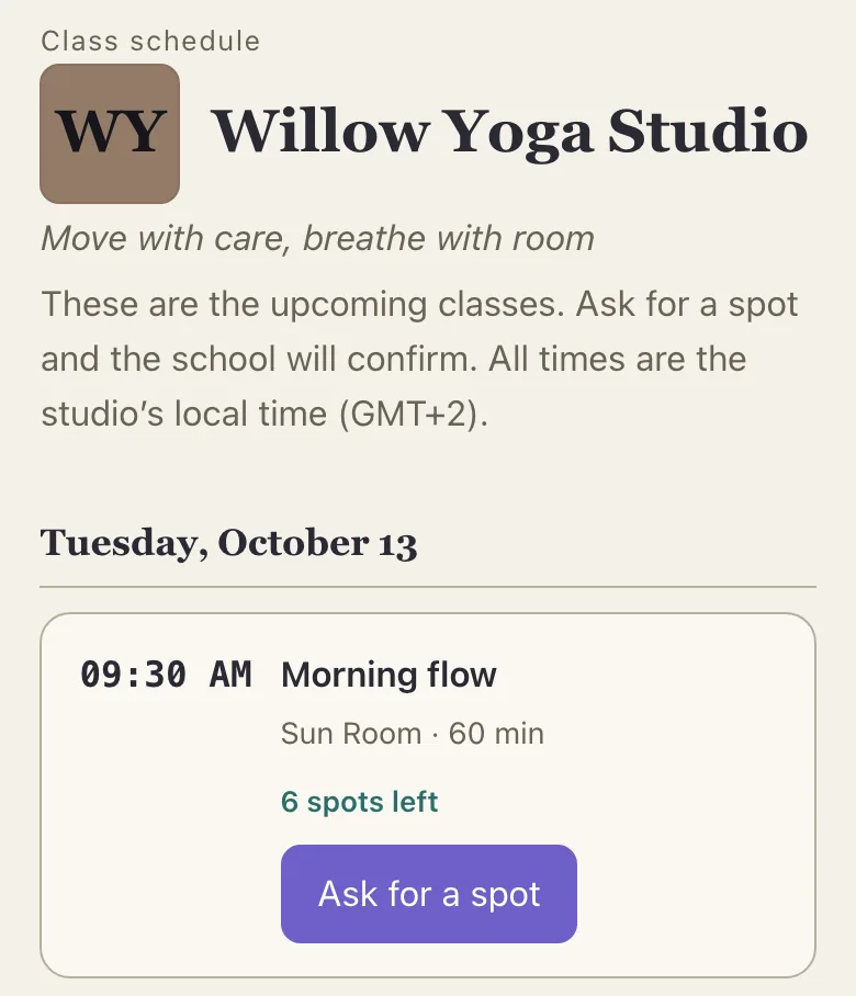 A school's public schedule in Vinyala: Morning flow at 9:30 AM in the Sun Room, 60 minutes, 6 spots left, Book your spot